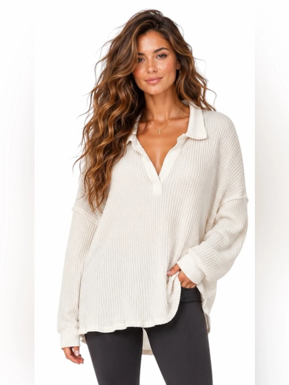 Free People | We The Free – Travis Polo Oversized Waffle Knit – Ivory – Sz. M